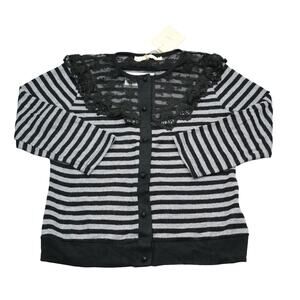 Areve Sweater Womens L Black Gray Cardigan Long Sleeve Stripe Button Knit Lace